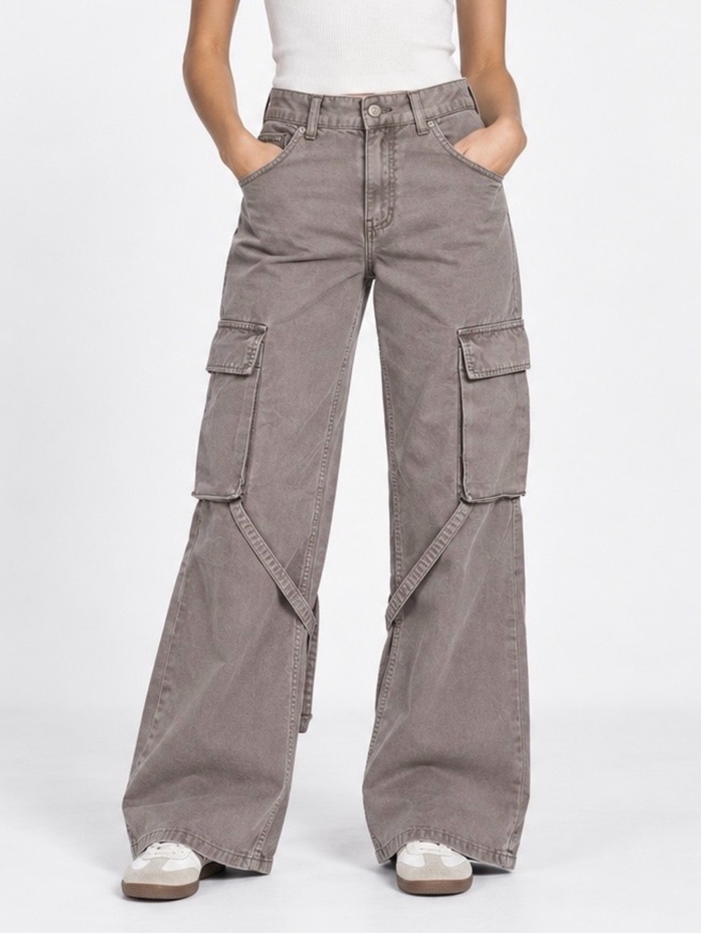 Zara Gray Y2K Cargo Flare Wide Leg Utility Pants Size 2